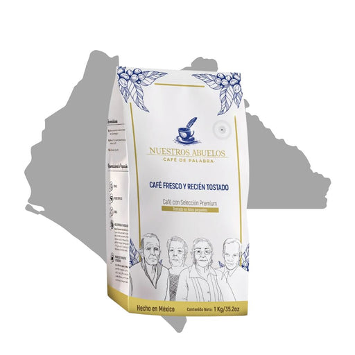 Bolsa de café de 1 kilogramo marca Nuestros Abuelos cultivado en Chiapas.