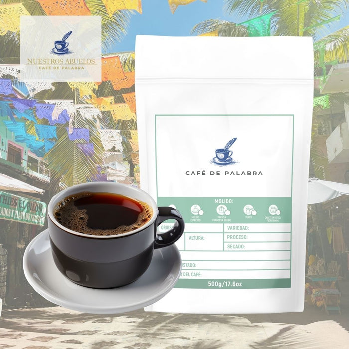 Bolsa de café de especialidad marca Nuestros Abuelos Exclusiva de Barra Pro, variedad de Nayarit.