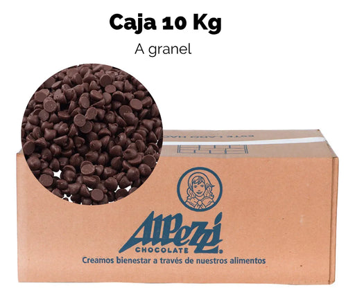 Caja de 10 kg de chispas de chocolate semiamargo marca Alpezzi ideales para hornear y repostería.