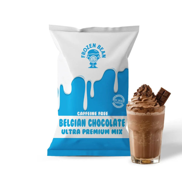 Bolsa de base premix marca Frozen Bean de 1,36 kg sabor chocolate belga. Sirve para preparar frappes, bebidas calientes, gelato, soft serve, granitas y más.