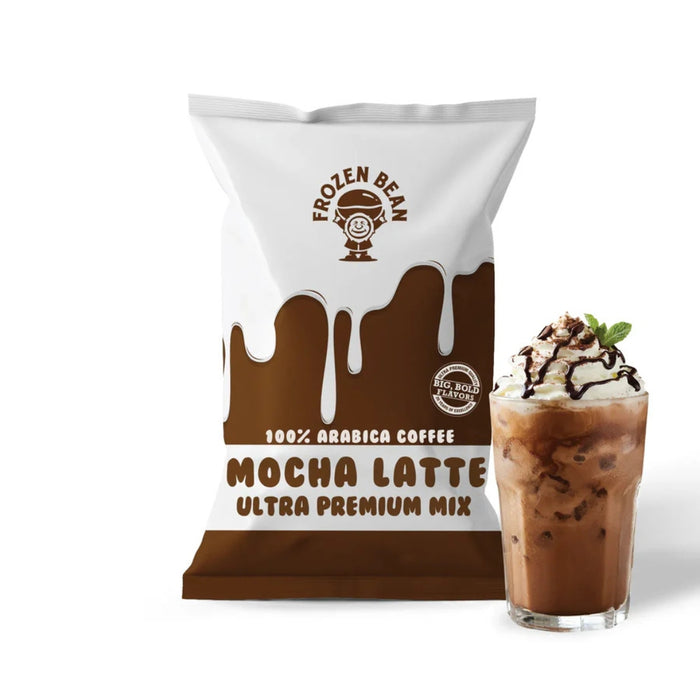 Bolsa de base premix marca Frozen Bean sabor Mocha Latte. Se usa para preparar bebidas frías y calientes, frappes, gelato, helado suave o soft serve, granitas y más.