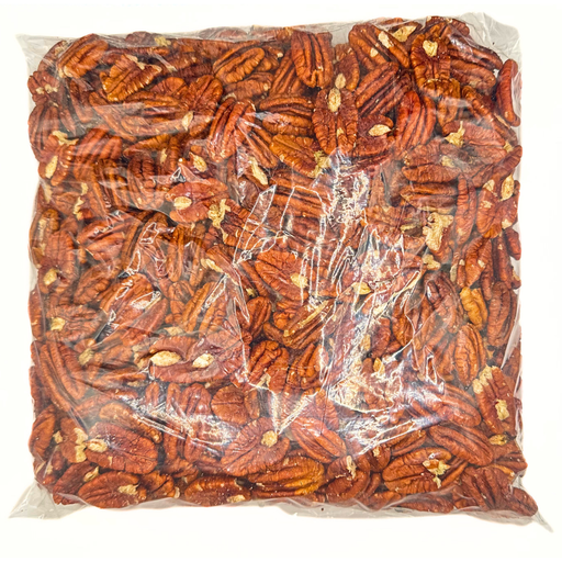 Bolsa de nuez pecan a la mitad para uso como ingrediente en nevería y paletería, así como en ensaladas, repostería, heladería y otras áreas de cocina. También como snack.