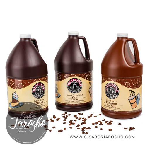 Botellas de jarabe marca Gialinni ideal sabor café, caramelo, mocha y otros. Ideal para uso en cafetería y postres.