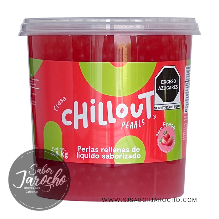 Cubeta de perlas explosivas saborizadas de fresa de la marca Chillout Pearls. Para usarse en Bubble teas, bobas o como postre.