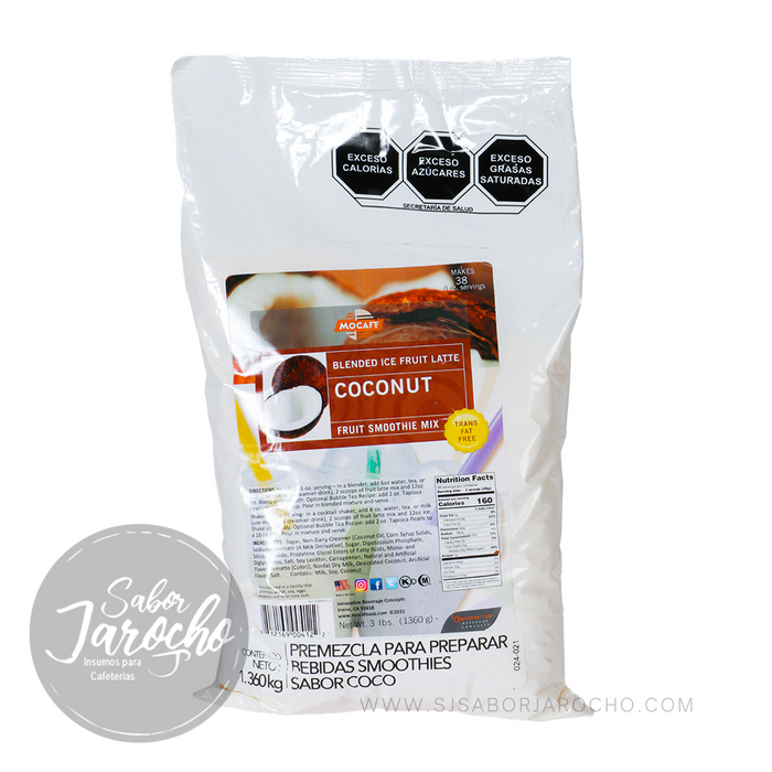 Bolsa de 1.36 kg de premezcla para preparar smoothies y bebidas sabor coco de marca Mocafé. 